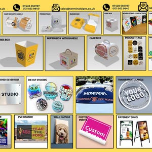 May include: A collage of various signage and packaging options for businesses.  The image includes wall-mounted signs, window graphics, banners, stickers, product tags, boxes, and more.  The text "CLEAR SIGNS" is visible in the upper right corner of the image.