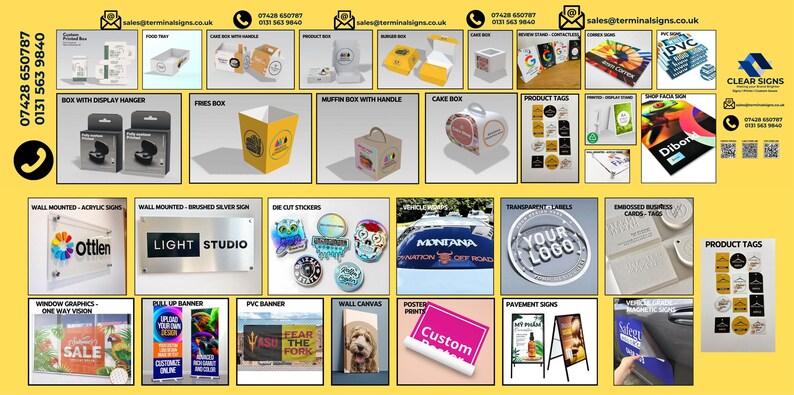 May include: A collage of various signage and packaging options for businesses.  The image includes wall-mounted signs, window graphics, banners, stickers, product tags, boxes, and more.  The text "CLEAR SIGNS" is visible in the upper right corner of the image.