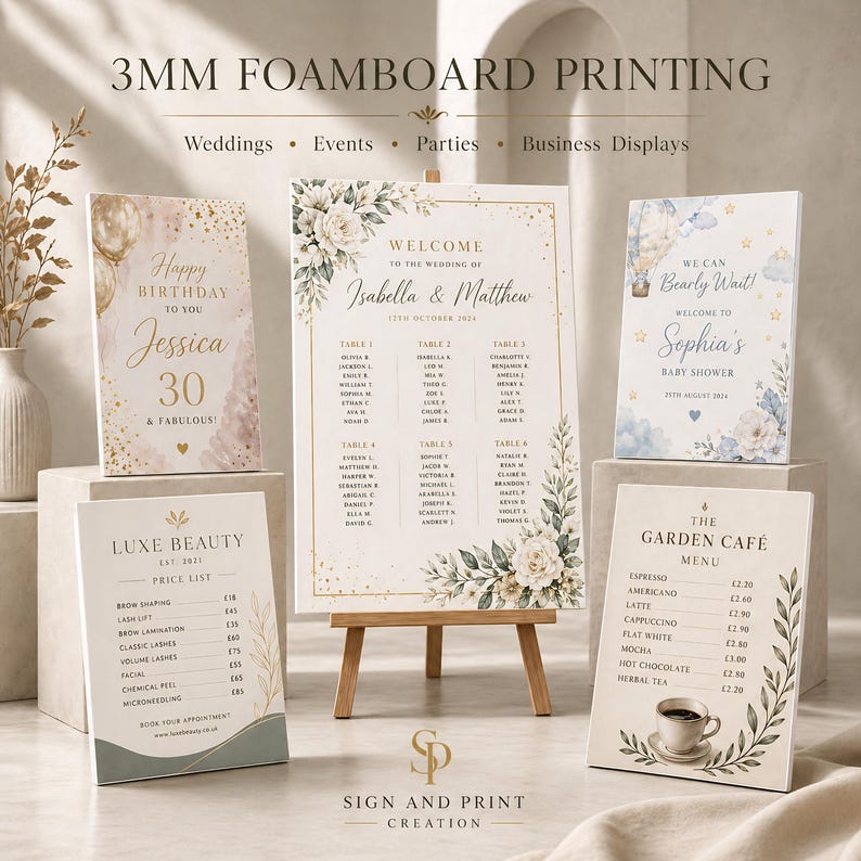 May include: A display of printed foam boards for events. Includes a wedding seating chart, birthday sign, baby shower welcome sign, and a cafe menu. The signs feature floral designs and text. The signs are displayed on easels and stands.