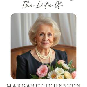 May include: A black and white photo of a woman with gray hair holding a bouquet of pink and white flowers. The text "Celebrating The Life Of MARGARET JOHNSTON 06TH SEPTEMBER 1950 - 24TH JANUARY 2025 FOREVER IN OUR HEARTS" is below the photo.