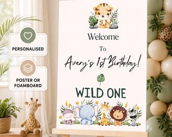 Personalised Safari Party Welcome Board Wild One Jungle Animal Birthday Poster Foamboard Sign UK