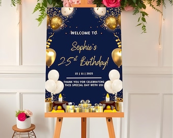 Birthday Welcome Sign, Custom Party Banner, Blue and Gold Party Poster