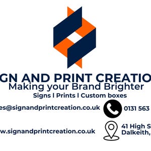 May include: A business card featuring the logo and contact information for Sign and Print Creation. The logo is an abstract design in navy blue and orange. The card includes the company name, tagline, services, email, website, phone number, and address.