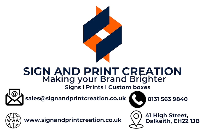 May include: A business card featuring the logo and contact information for Sign and Print Creation. The logo is an abstract design in navy blue and orange. The card includes the company name, tagline, services, email, website, phone number, and address.