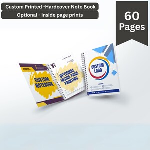 May include: A hardcover notebook with 60 pages. The cover is customisable with a logo and text. The notebook has a spiral binding and is shown open with a yellow, purple, and black design on the left page and a blue, red, and white design on the right page. The text on the left page says "Custom Notebook" and the text on the right page says "Custom Logo".