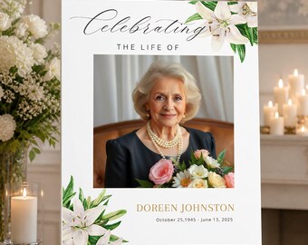 Personalised Floral Memorial Photo Sign, Celebration of Life Wake Poster or Foamboard