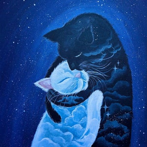 Charming cats in love, Original black and white cats painting on canvas panel, Abstract acrylic  art with cats, handmade gift, NOT PRINT