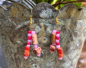 Red and Pink Dangle Earrings - Handcrafted Gold Earrings for a Glamorous Valentines Day