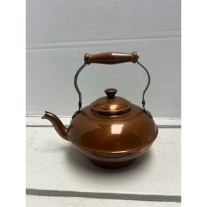Vintage Copper Tea Kettle With Wooden Handle & Brass Accents