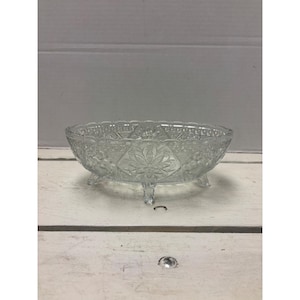 Vintage Clear Glass Footed Bowl With Intricate Floral Pattern Design