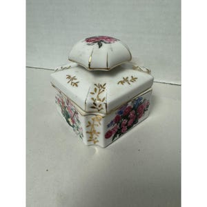 Vintage Square Porcelain Trinket Box With Floral Design & Gold Accents