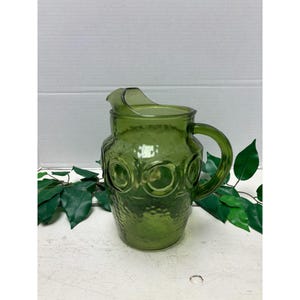 Vintage Green Glass Pitcher With Textured Circle Design & Spout