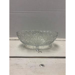 Vintage Clear Glass Footed Bowl With Intricate Floral Pattern Design