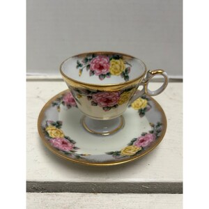 Vintage Floral Porcelain Cup & Saucer Set With Gold Trim