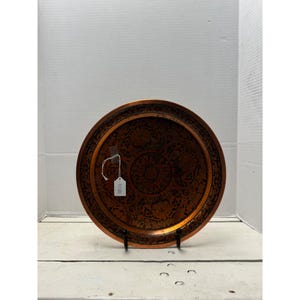 Vintage Copper Decorative Plate With Floral Etching