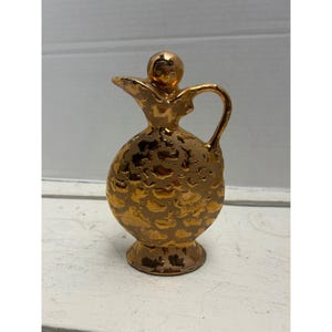Vintage Gold Ceramic Textured Pitcher Vase With Handle 6.5" Home Decor