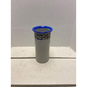 Vintage Ecco Nova Spanish Ceramic Vase With Blue Rim & Floral Design