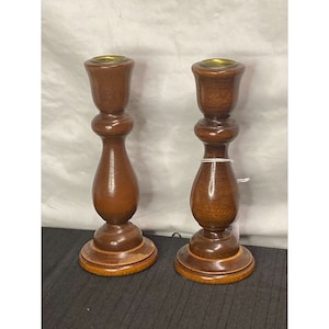 Set of 2 Vintage Turned Wood Spindle Candleholders