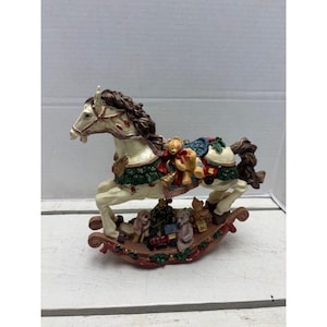 Hand-Painted Christmas Rocking Horse Figurine With Toys & Holiday Accents