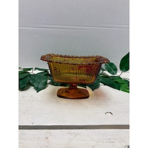 Vintage Amber Glass Pedestal Candy Dish With Decorative Rim