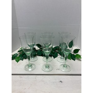 Set Of 6 Vintage Green-Tinted Glass Wine Goblets - Elegant Dining Glassware