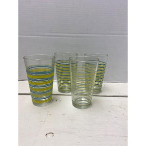 Set Of 4 Vintage Glass Tumblers With Yellow & Blue Striped Design 12 Oz Capacity Retro Drinkware