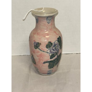 Vintage Hand-Painted Floral Ceramic Vase 8&quot; Tall Pink & Green Glossy Finish