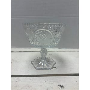 Vintage Clear Pressed Glass Decorative Compote Dish With Floral & Geometric Patterns Pedestal Base
