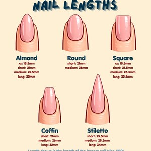 May include: A chart illustrating nail lengths, including Almond, Round, Square, Coffin, and Stiletto shapes. Each shape is shown with measurements in millimeters for short, medium, and long lengths. The text reads "PressonNailsByDaisy" and "NAIL LENGTHS".