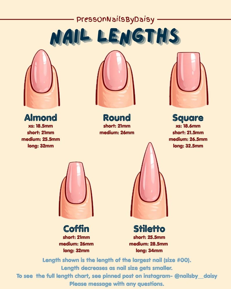 May include: A chart illustrating nail lengths, including Almond, Round, Square, Coffin, and Stiletto shapes. Each shape is shown with measurements in millimeters for short, medium, and long lengths. The text reads "PressonNailsByDaisy" and "NAIL LENGTHS".