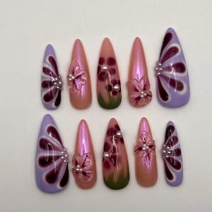 3D purple flowers, press on nails