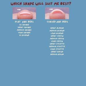 May include: A blue graphic with the text "PressOnNailsByDaisy" and "WHICH SHAPE WILL SUIT ME BEST?". It shows nail bed shapes: Flat and Curved, with nail shape options like Square, Almond, Coffin, Stiletto, and Round.