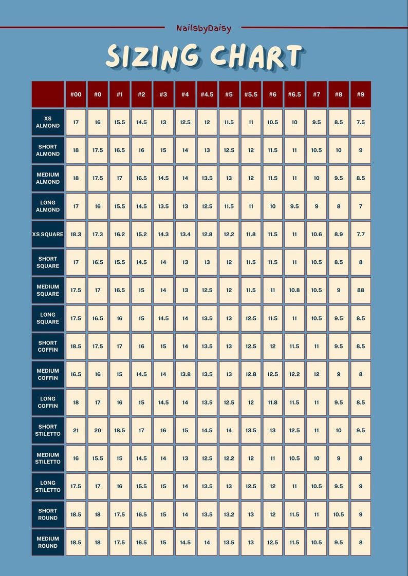May include: A blue and white sizing chart for various nail shapes, including almond, square, coffin, stiletto, and round. The chart lists measurements in millimeters for sizes #00 through #9.