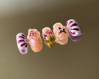 Purple 3D sculpted flower press on nails