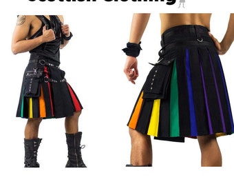 Rainbow Utility Hybrid Kilt Pride Kilt Nylon Straps LGBT Gay Kilt Black Cotton Kilt for Men all Size Available