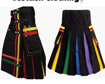 Men's Rainbow Utility Hybrid Kilt Pride Kilt Nylon Straps LGBT Gay Kilt Black Cotton Kilt for Men all Size Available