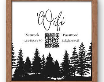 Editable WiFi Password Sign, Cabin Pine Tree QR Code (Canva Template)