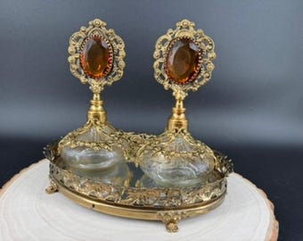 Vintage Gold Ormolu Filigree Perfume Bottles Gilt Vanity Set Amber Mirror Tray
