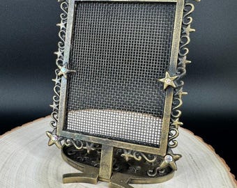 Vintage Jewelry Holder Bronze Tone Earring Display Stand Rhinestone Star Frame
