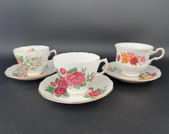 3 Vintage English Bone China Teacup Saucer Sets Royal Vale Colclough Queen Anne