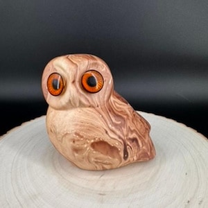 Könnte beinhalten: Eine kleine Eulenfigur aus hellbraunem Holz mit einer ausgeprägten, wirbelnden Maserung. Die Eule hat zwei große, kreisförmige, leuchtend orangefarbene Glasaugen mit schwarzen Pupillen, die in das hölzerne Gesicht eingelassen sind.