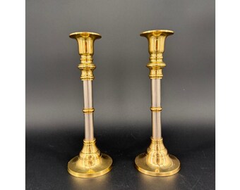 Vintage Brass & Brushed Aluminum Candlestick Holder Pair 8.75” Modern Hollywood Regency
