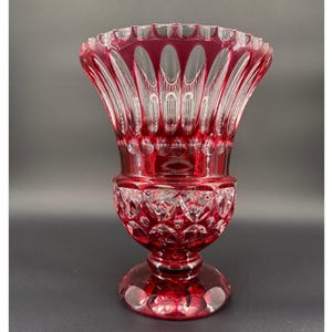 Czech Bohemian Ruby Cut to Clear Lead Crystal Vase Trumpet Pedestal Vintage Estate