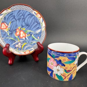 Juego de taza y platillo de porcelana japonesa estilo Kutani de Arita Ware vintage.