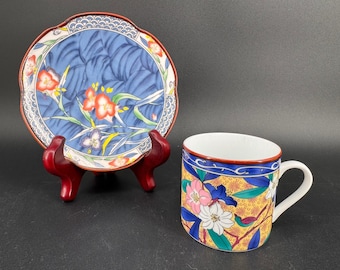Juego de taza y platillo de porcelana japonesa estilo Kutani de Arita Ware vintage.