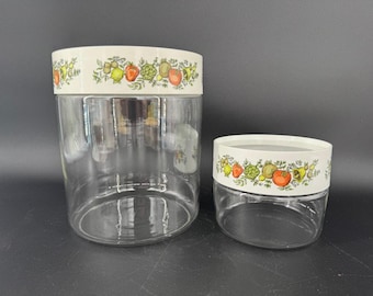 Vintage Pyrex Spice of Life Glass Canister Set 2 White Lids USA Large & Medium