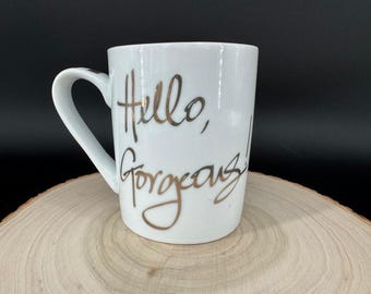 Pier 1 Imports Hello Gorgeous Porcelain Mug Gold Accent 12 oz Coffee Cup Teacup