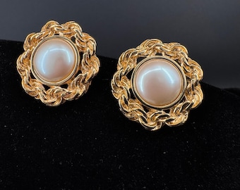 Vintage Monet Clip On Earrings Gold Tone Rope Faux Pearl Statement Earrings