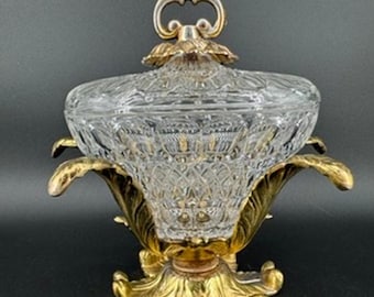 Vintage Hollywood Regency Gold Filigree Cut Crystal Covered Candy Dish Compote Bowl
