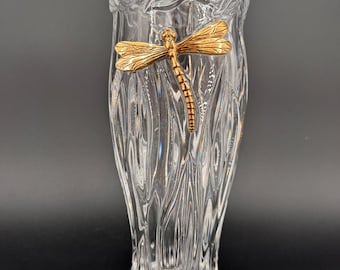 Vintage Gorham Garden Serenade German Crystal Vase with Brass Dragonfly